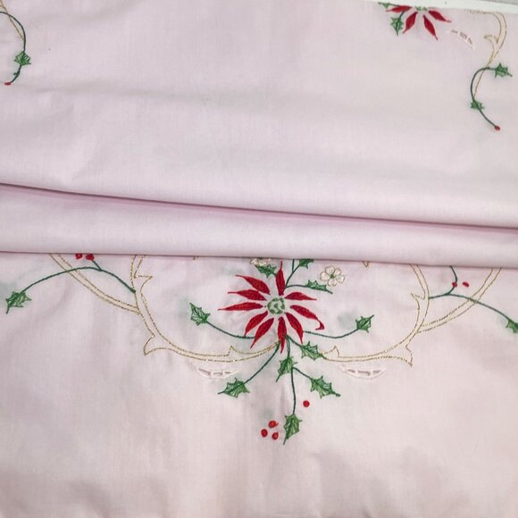Vintage Hand-Embroidered Poinsettia Table Runner 48" X 16" White Cotton Red & Gr - Picture 6 of 11